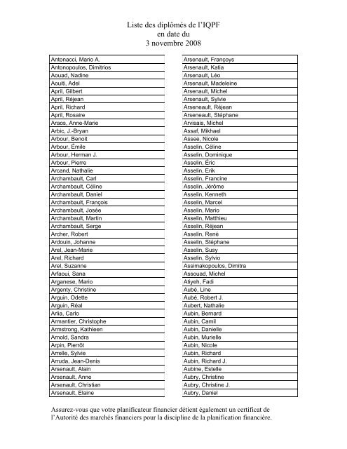 Liste des diplÃ´mÃ©s de l'IQPF en date du 3 novembre 2008