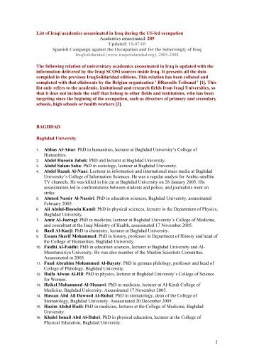 List of Iraqi academics assassinated in Iraq during ... - IraqSolidaridad