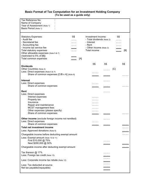 Basic Format of Tax Computation for an Investment Holding ... - IRAS