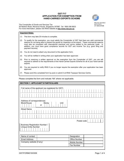 gst f17 application for exemption from hand-carried exports  - IRAS