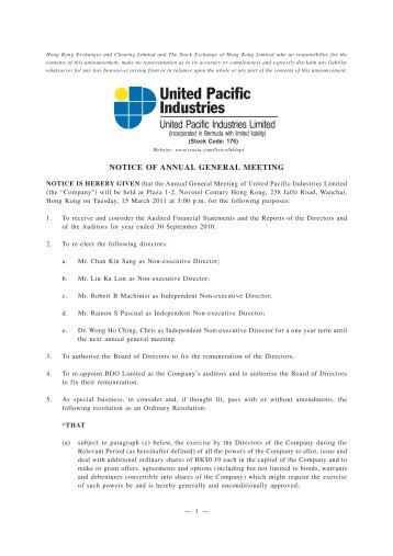 NOTICE OF ANNUAL GENERAL MEETING - HKExnews