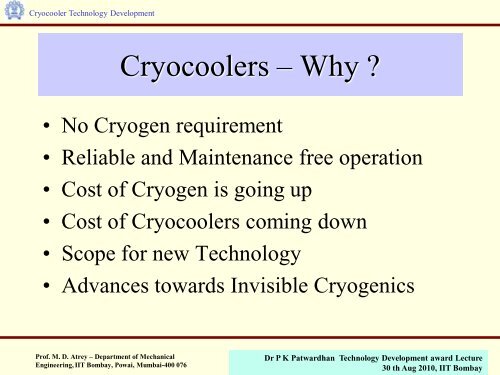 Presentation on Cryocooler Technology - IRCC
