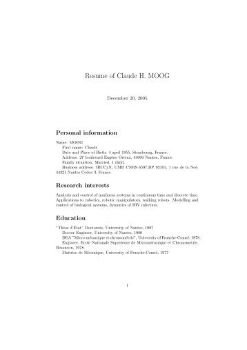 Resume of Claude H. MOOG - IRCCyN - Ecole Centrale de Nantes