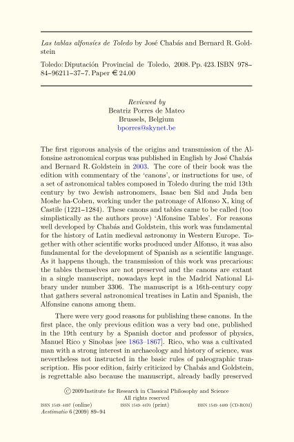 Las tablas alfonsíes de Toledo by José Chabás and IRCPS