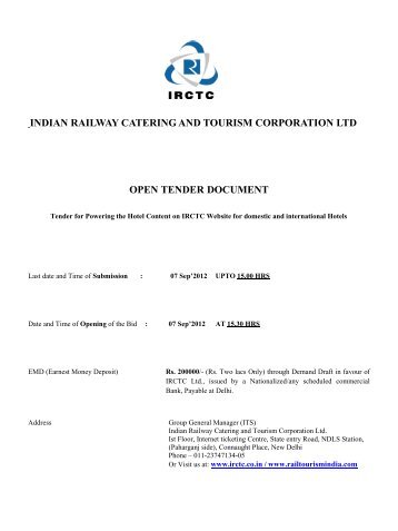 Tender for the Hotel content - Irctc