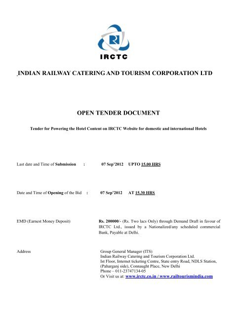 Tender for the Hotel content - Irctc