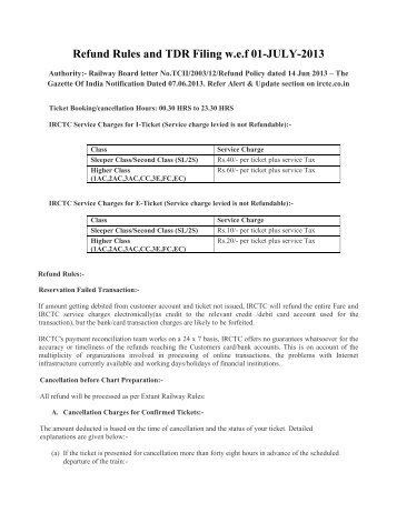Amended Refund Rules w.e.f 01-07-2013 - Irctc
