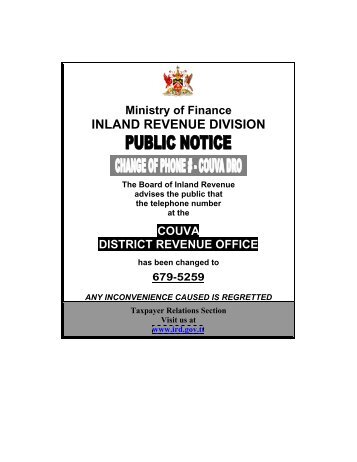 Change of Contact Number - Couva DRO - Inland Revenue Division