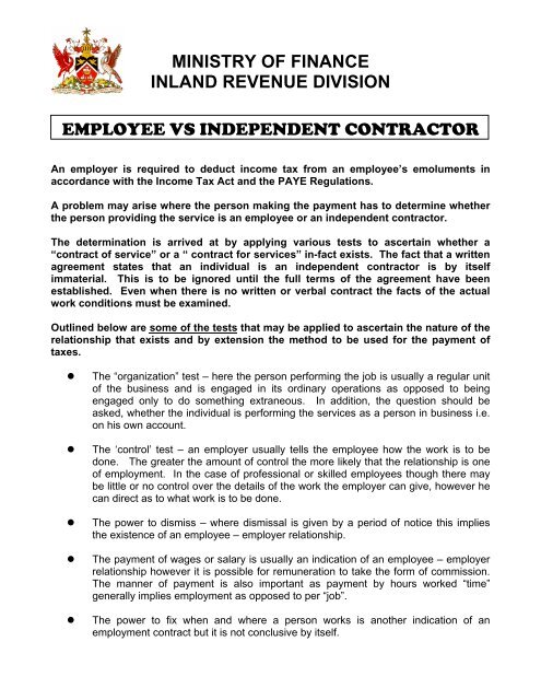 Employee vs Independent Contractor - Inland Revenue Division