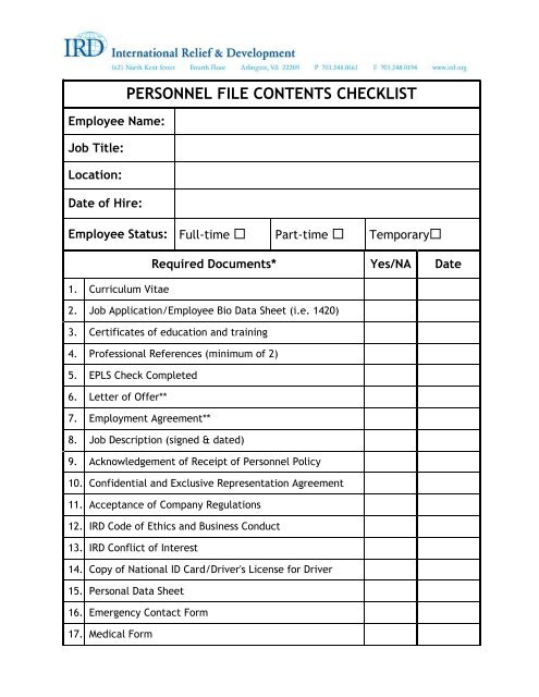 Personnel File Checklist Excel Template