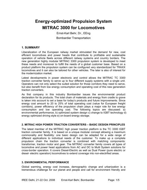 Energy-optimized Propulsion System MITRAC 3000 for ... - ireeindia