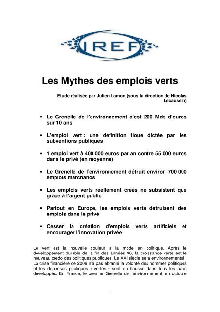 Les Mythes des emplois verts - IREF