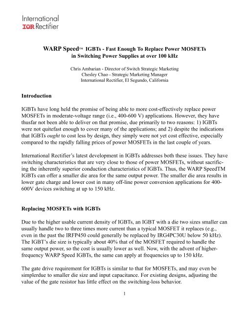 WARP Speed IGBTs - International Rectifier