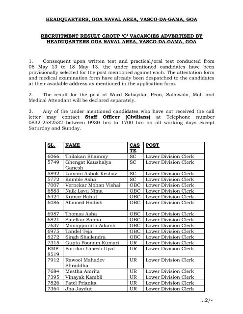 Recruitment Result Group C Vacancies Advertised By Headquarters 
