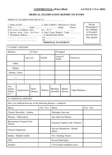 CONFIDENTIAL (When filled) A.F.M.S.F 2 (Ver 2002) MEDICAL ...