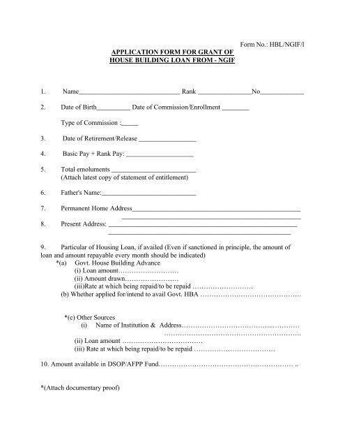 application form for grant of house building loan