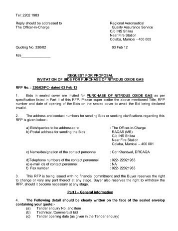 Invitation of Bids for Purchase of Nitrous Oxide Gas, Mumbai