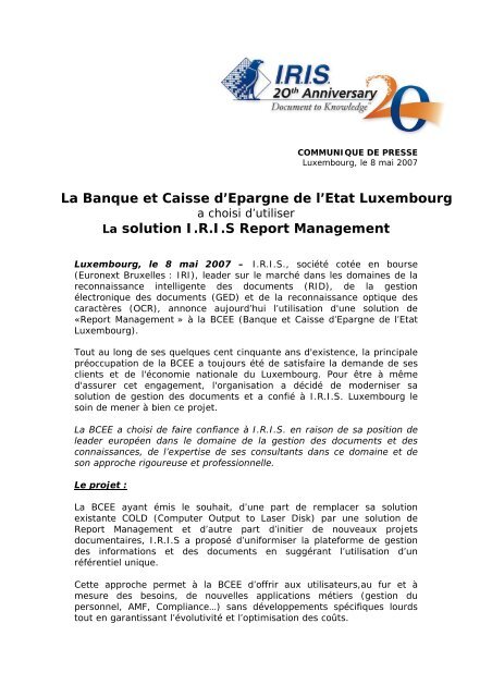 La Banque et Caisse d'Epargne de l'Etat Luxembourg La ... - IRIS