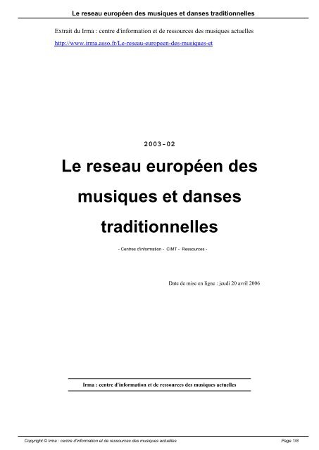 Le reseau europÃ©en des musiques et danses traditionnelles - Irma