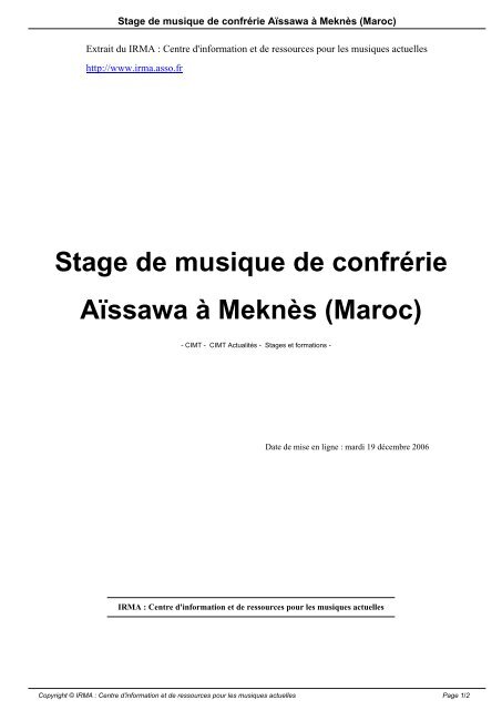 Stage de musique de confrÃ©rie AÃ¯ssawa Ã  MeknÃ¨s (Maroc) - Irma