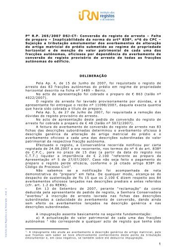 PÂº R.P. 265/2007 DSJ-CT- ConversÃ£o do registo de arresto â Falta ...