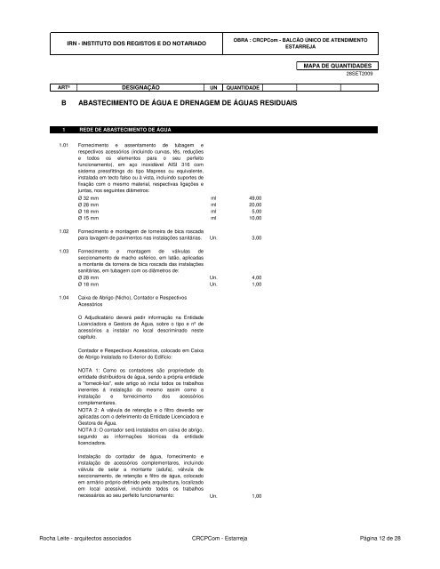 Mapa de quantidades em PDF - Instituto dos Registos e Notariado