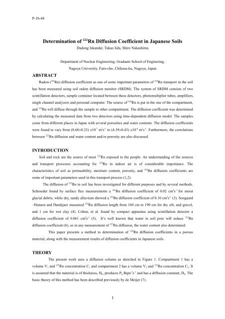 Determination of 222 Rn Diffusion Coefficient in Japanese Soils