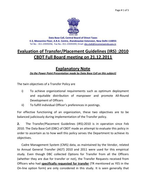 Evaluation of Transfer/Placement Guidelines (IRS) :2010 CBDT Full ...