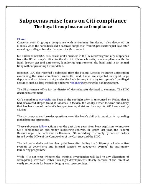 Subpoenas Raise Fears On Citi Compliance The Koyal Group Insurance Compliance