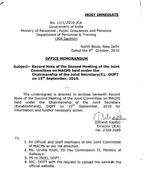 MOST IMMEDIATE NO. 11/1/2010-JCA Government of India Ministry 