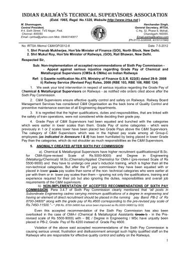 Memorandum Regarding Grade Pay of C&M Supervisors - Irtsa.net