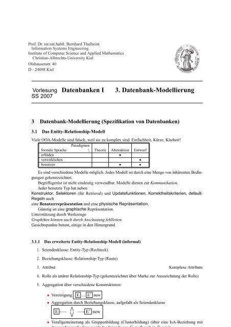 Vorlesung Datenbanken I 3. Datenbank-Modellierung - Technologie ...