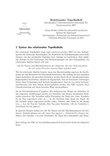 Relationaler TupelkalkÃ¼l - Technologie der Informationssysteme ...