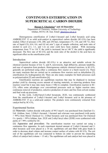 continuous esterification in supercritical carbon dioxide - ISASF