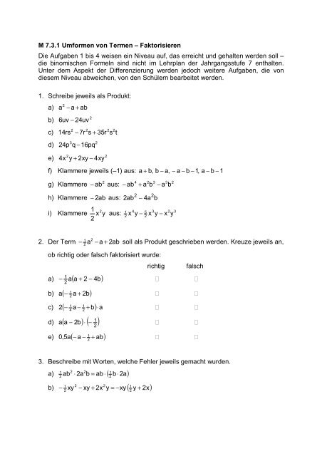 M 7.3.1 Umformen von Termen – Faktorisieren Die ... - Lehrpläne