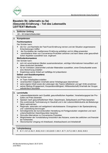 (Gesunde) ErnÃ¤hrung â Teil des Lebensstils LEITTEXT-Methode