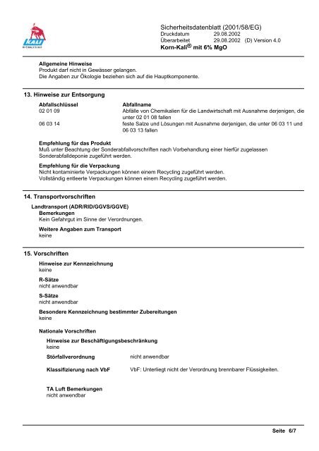 Sicherheitsdatenblatt (2001/58/EG)