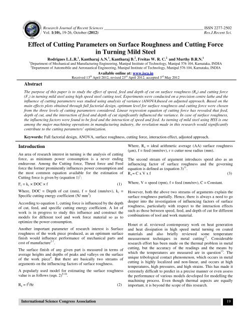 Effect of Cutting Parameters on Surface Roughness and ... - ISCA