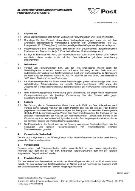 Allgemeine Vertragsbestimmungen Postverkaufspunkte