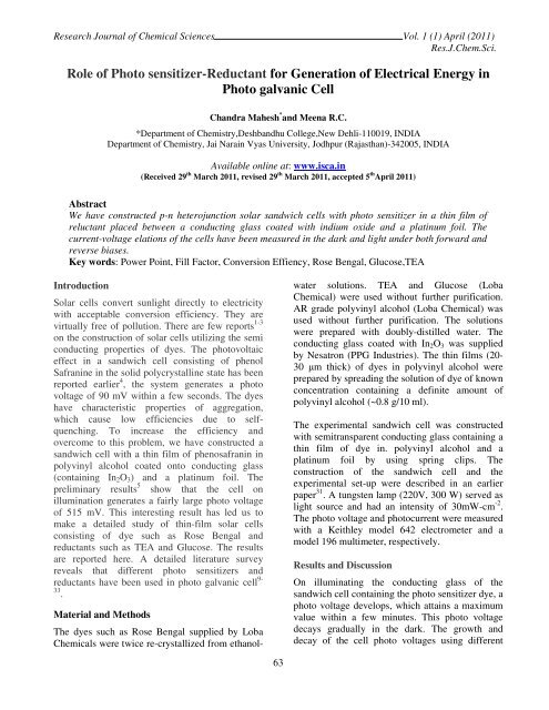 Role of Photo sensitizer-Reductant for Generation of ... - ISCA