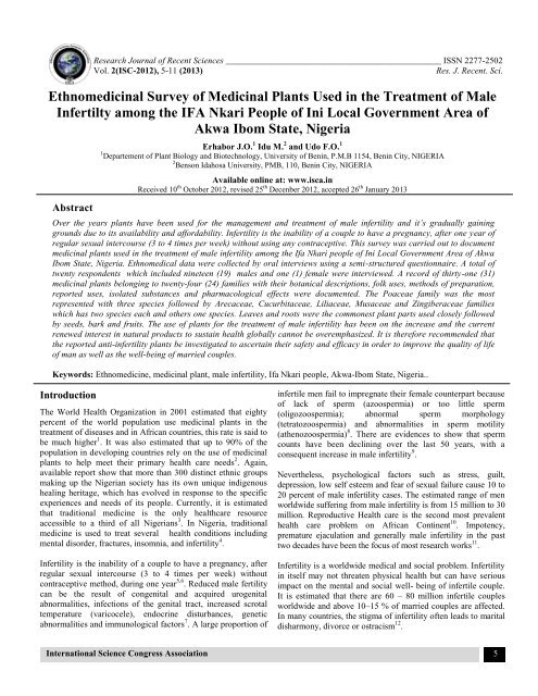 Ethnomedicinal Survey of Medicinal Plants Used in the ... - ISCA