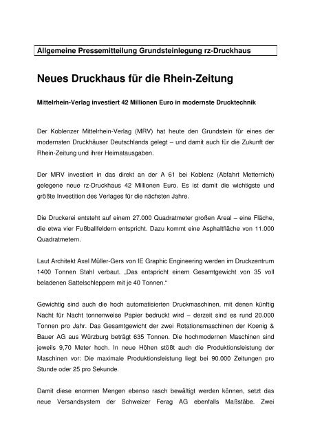 Neues Druckhaus für die Rhein-Zeitung