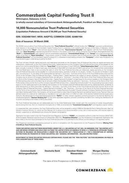 Commerzbank Capital Funding Trust Ii Irish Stock Exchange