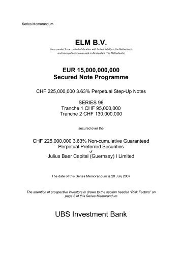 ELM B.V. UBS Investment Bank - Irish Stock Exchange
