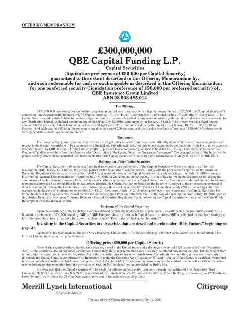 300000000 QBE Capital Funding LP - Irish Stock Exchange