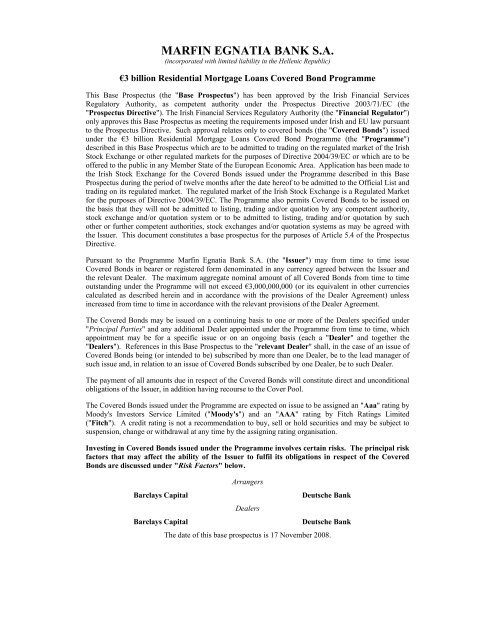 Marfin Egnatia Bank S A Irish Stock Exchange