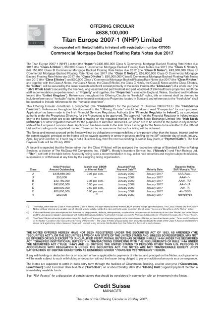 Titan Europe 2007-1 (NHP) Limited - Irish Stock Exchange