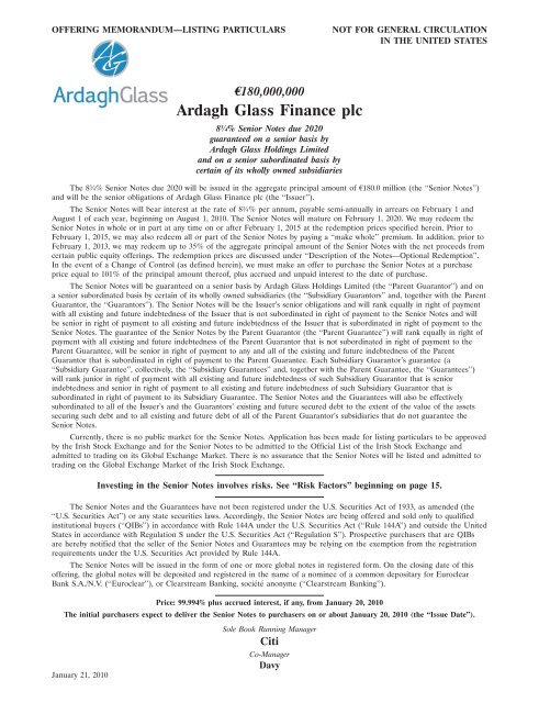 Ardagh Glass Finance plc - Irish Stock Exchange