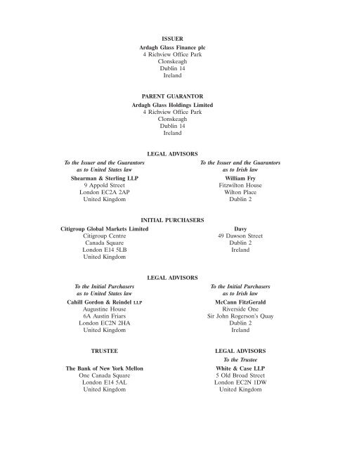 Ardagh Glass Finance plc - Irish Stock Exchange