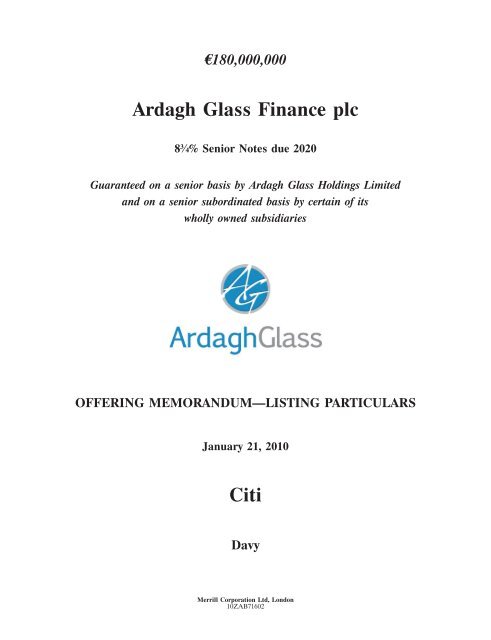 Ardagh Glass Finance plc - Irish Stock Exchange